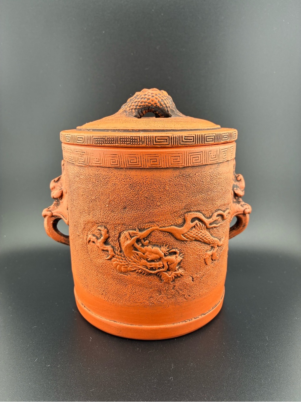 Vintage Terracotta Red Dragon Lidded Vase